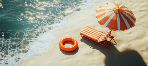 Relaxing beach setup with striped umbrella and lounge chair at coastal shore