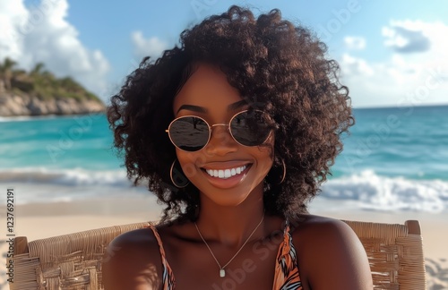 Smiling woman enjoys a sunny day at the beach with bright ocean waves in the ...