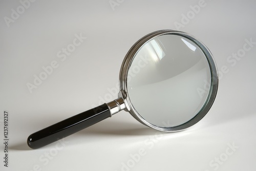 A magnifying glass rests on a plain white surface