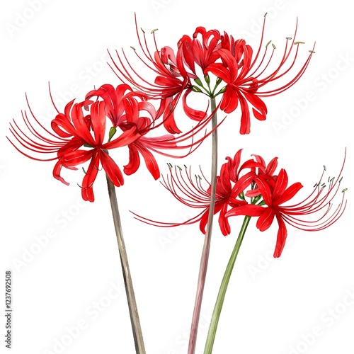 Watercolor Red Spider lily Isolated on White Background. Beautiful Spider lily Flower