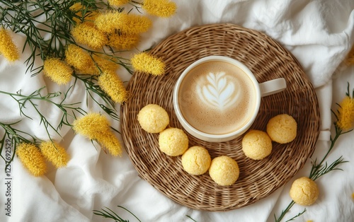 Warm cup of coffee surrounded by yellow flowers and tasty cookies on a cozy s...