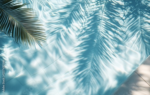Palm leaves casting shadows on a shimmering pool's surface during a sunny aft...