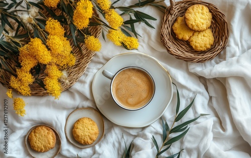 Enjoying coffee and cookies surrounded by vibrant yellow flowers on a sunny m...