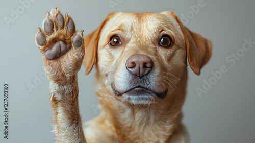 A cheerful light brown Labrador Retriever dog raises its paw in a friendly gesture, looking directly at the camera against a neutral background.