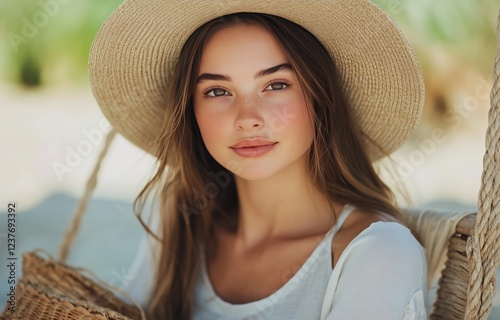 Young woman enjoying a sunny day at the beach while wearing a wide-brimmed ha...