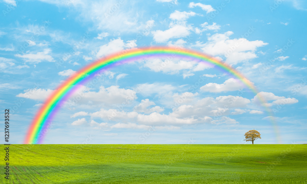 Beautiful landscape with green grass field and lone tree in the background amazing rainbow Beautiful landscape with green grass field and lone tree in the background amazing rainbow