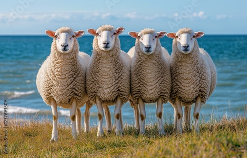 Four sheep standing together on a grassy shore overlooking the ocean during a...
