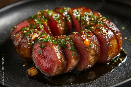 Sliced beef dish garnished with herbs and sauce served in a black plate