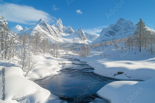 Snow-covered mountains and a serene river in a winter landscape under a clear...