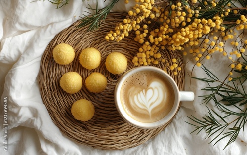 Delightful coffee with heart latte art and yellow treats on a woven tray surr...