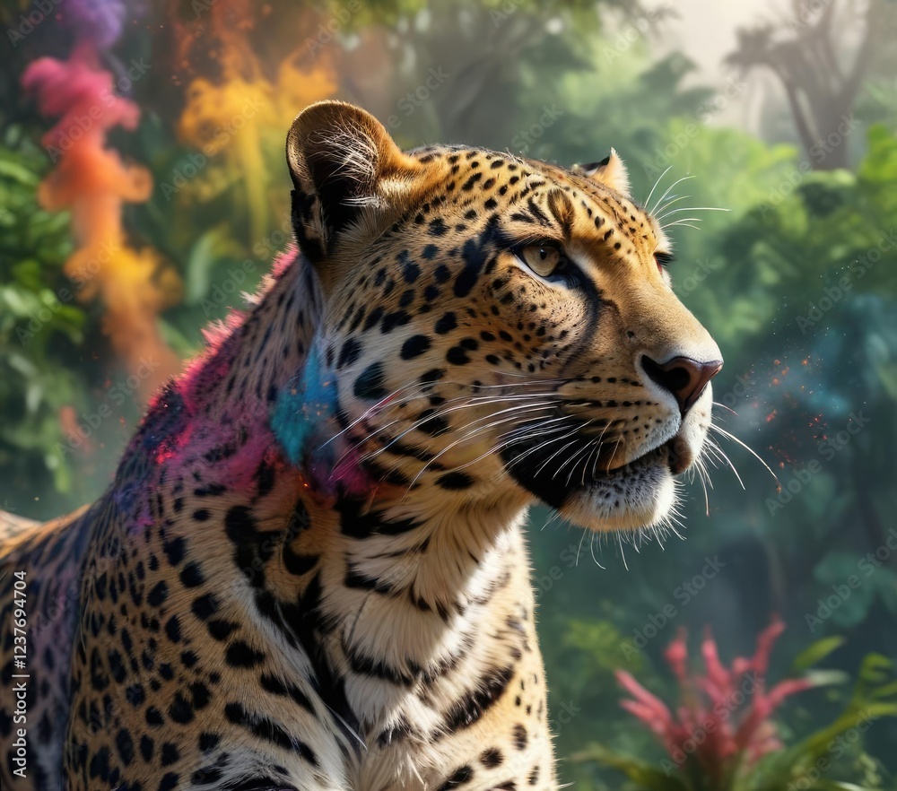 Obraz premium Leopard with colorful smoke bursts in the jungle, colorful, burst, smoke