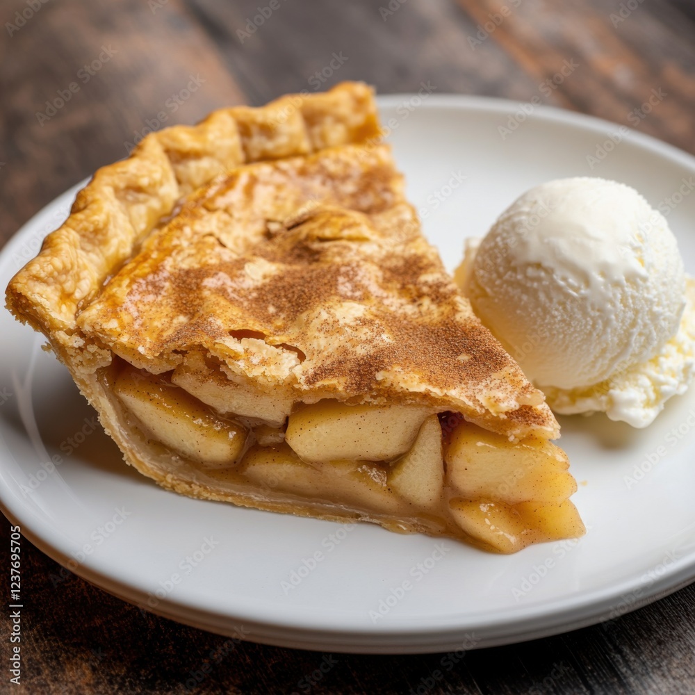 A scrumptious homemade apple pie with a golden, flaky crust and a cinnamon-sugar topping, served on a white plate