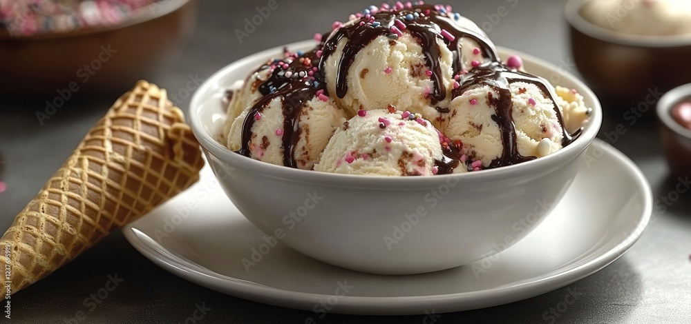 Delicious Vanilla Ice Cream Sundae with Chocolate Sauce and Sprinkles