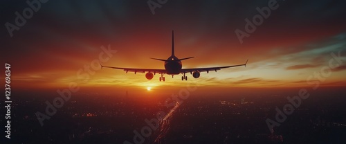 Airplane flying into vibrant sunset over urban landscape during early evening...