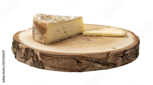 Saint-nectaire cheese resting on rustic wooden board with transparent background photo
