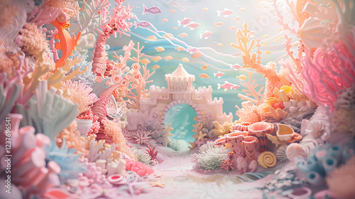 Fototapeta Naklejka Na Ścianę i Meble -  3D backdrop paper scene, pastel colors, magical mermaid castle with seahorses and shells,in gold on top of the door frame, coral reef, paper cutouts