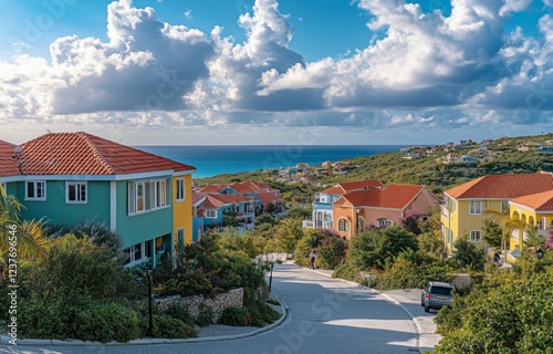 Colorful houses line the hillside overlooking the ocean on a sunny day in the...