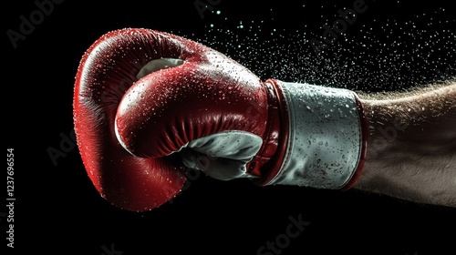 Close-up of red boxing glove in motion with water droplets symbolizing strength, impact, and determination photo