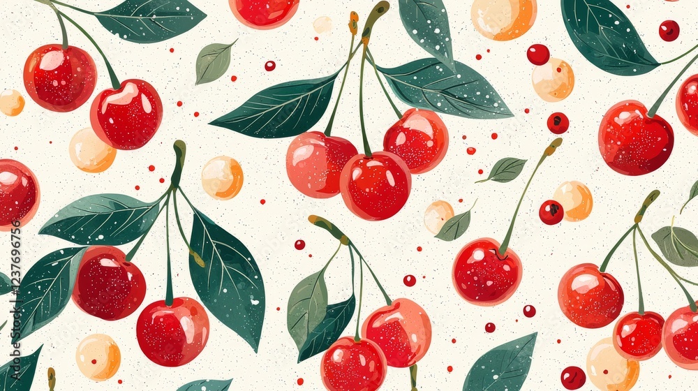 Hand-drawn cherry pattern with vibrant red and green leaves symbolizing summer freshness, organic farming, and natural beauty Hand-drawn cherry pattern with vibrant red and green leaves symbolizing summer freshness, organic farming, and natural beauty