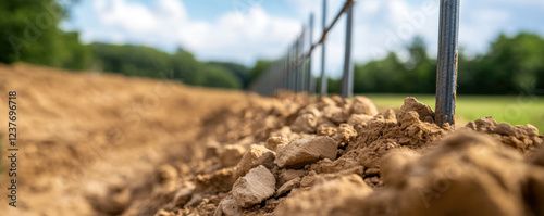 Construction site with soil and rebar for retaining wall