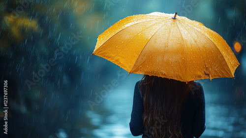 a woman walking in the morning light rain. She has a yellow umbrella. --ar 16:9 --stylize 750 --v 6.1 Job ID: daef0763-8847-40e0-a6a6-852ac72945a9