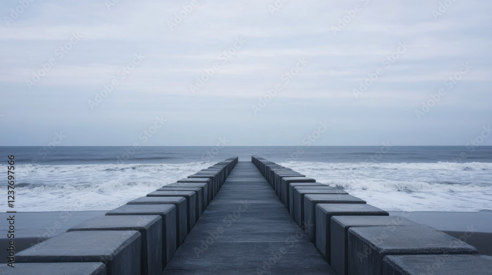 Fototapeta premium serene view of concrete pathway leading to ocean, surrounded by gentle waves and cloudy sky. scene evokes sense of calm and tranquility