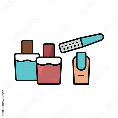 Nail polish bottle and nail file set beauty salon icon in flat style, featuring a sleek nail polish bottle and a smooth nail file, perfect for manicure and beauty themes.