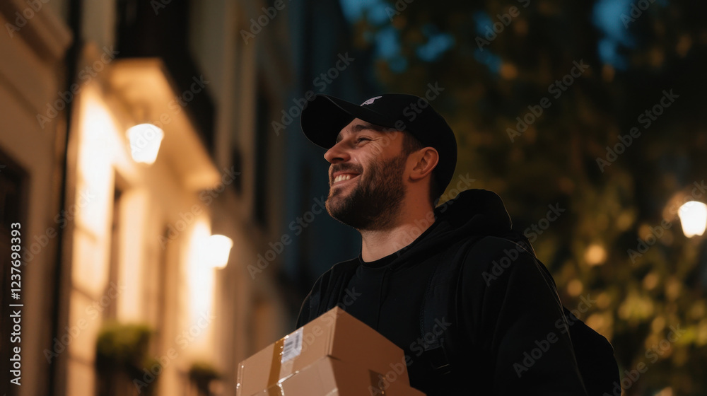 Smiling delivery man holding package under streetlight at night, showcasing cheerful demeanor in urban setting Smiling delivery man holding package under streetlight at night, showcasing cheerful demeanor in urban setting
