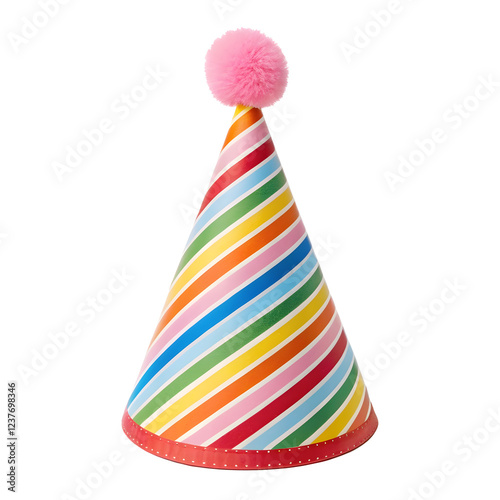 Bright party hat with rainbow stripes and pink pom-pom on top, isolated. Celebration and festive concept