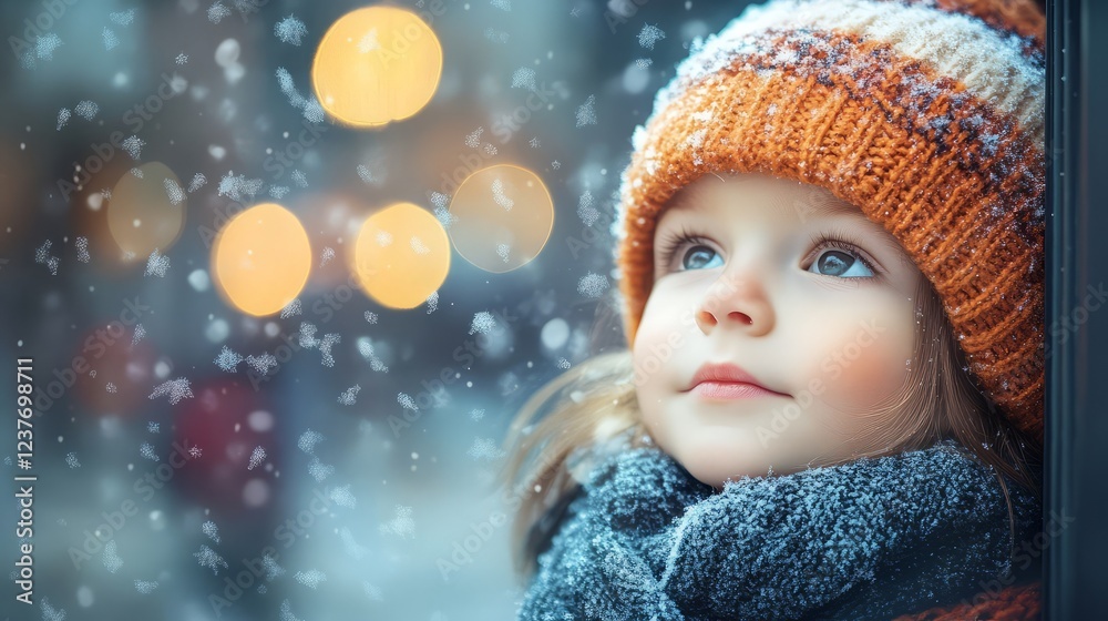 A child gazes at falling snowflakes, immersed in winter wonder and holiday spirit. A child gazes at falling snowflakes, immersed in winter wonder and holiday spirit.