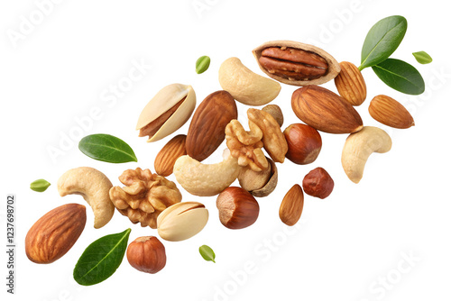 Mixed nuts including almonds, walnuts, cashews, and pistachios with scattered green leaves, healthy snack