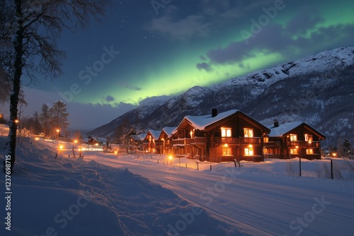 Charming wooden cabins illuminated at night under northern lights in a snowy ...
