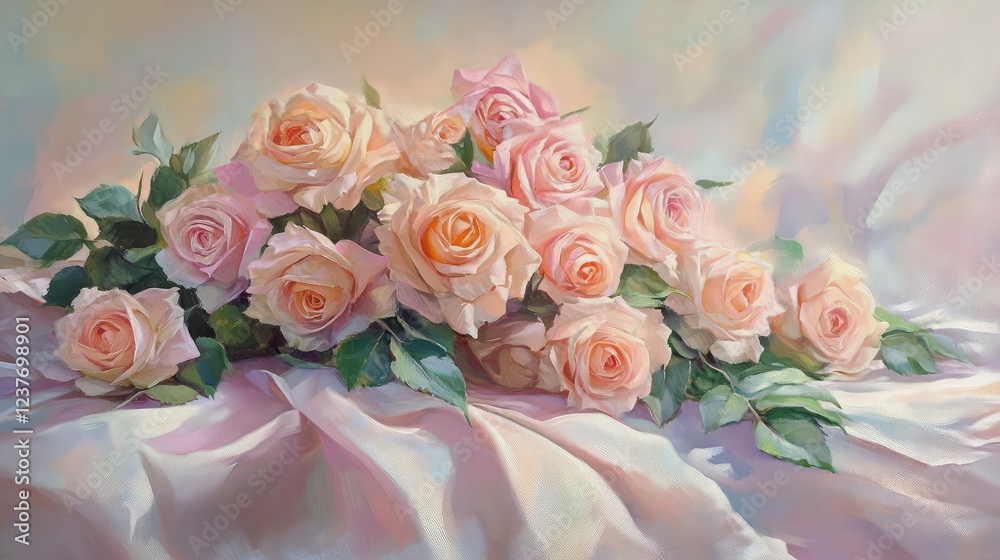 Obraz premium Whimsical pastel bouquet of roses resting on a light, airy fabric background -