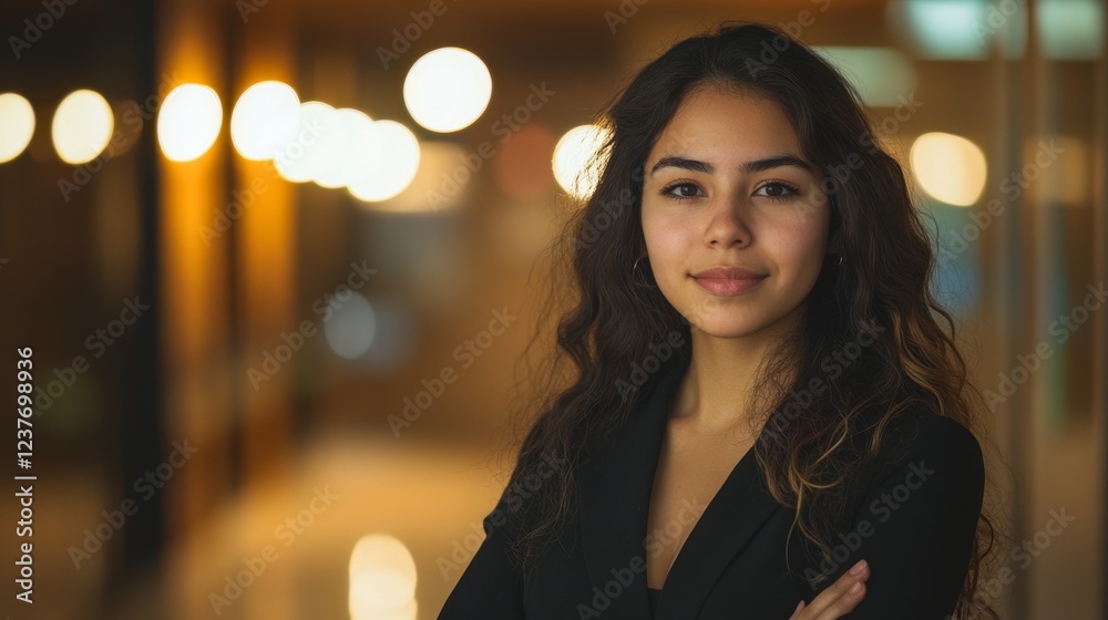 Fototapeta premium Student discipline law, Latina attorney guiding school on discipline regulations, thoughtful, warm lighting