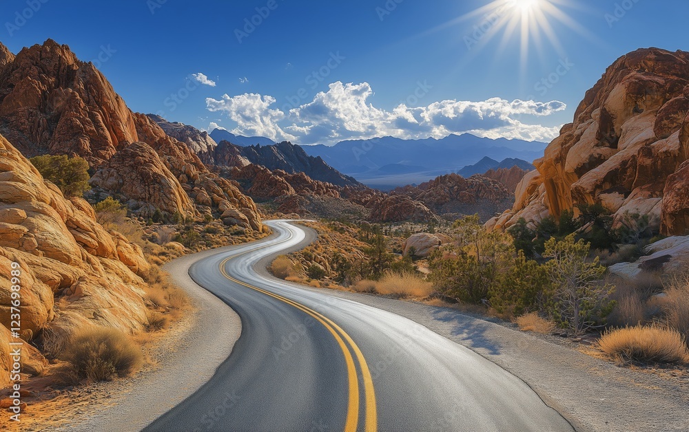 Fototapeta premium Scenic winding road through rocky terrain in a sunlit landscape