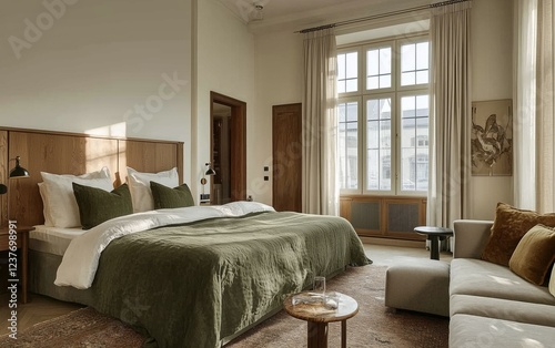 Elegant and spacious bedroom with natural light and modern decor in a stylish...