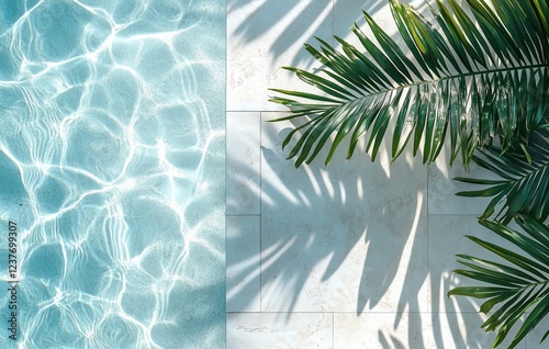 Vibrant poolside with sunlit water and lush palm leaves in tropical setting