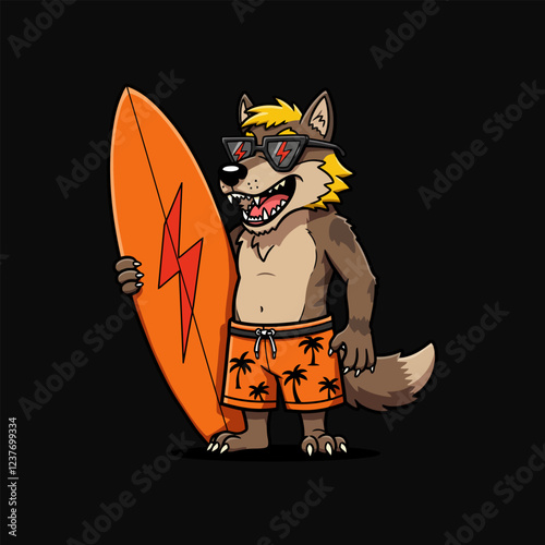 Cool Wolf Surfer Vibrant Summer Cartoon Illustration