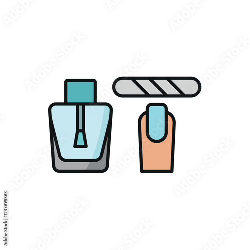 Nail polish bottle and nail file set beauty salon icon in flat style, featuring a sleek nail polish bottle and a smooth nail file, perfect for manicure and beauty themes.