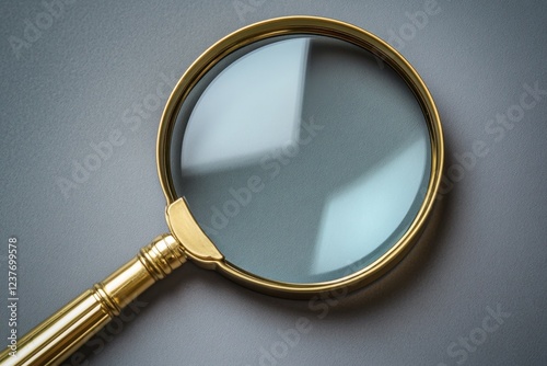 A gold framed magnifying glass rests on grey surface photo