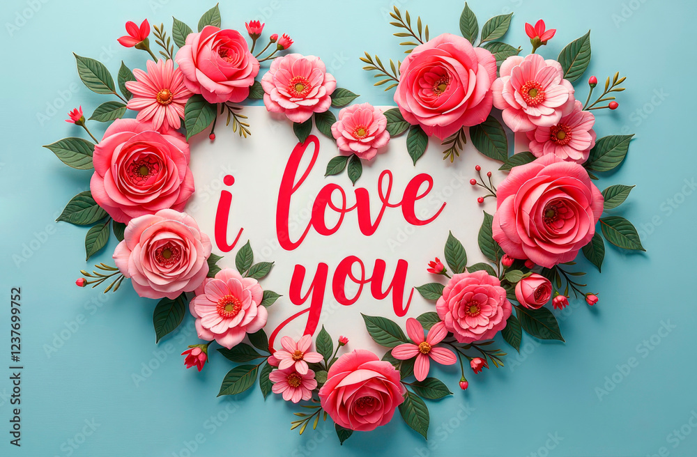Heart symbol made of flovers and leaves on white background with inscription Heart symbol made of flovers and leaves on white background with inscription