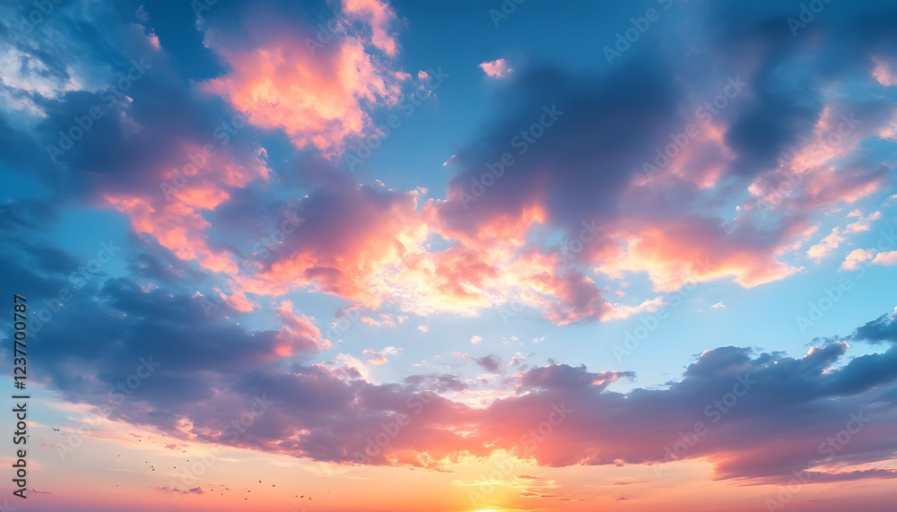 Obraz premium Sunset Sky With Colorful Clouds And Birds