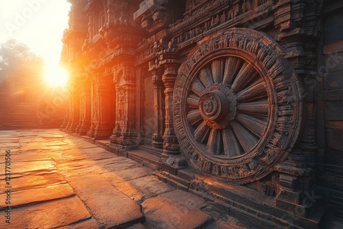 Sunrise at ancient temple, India. Dharmachakra detail