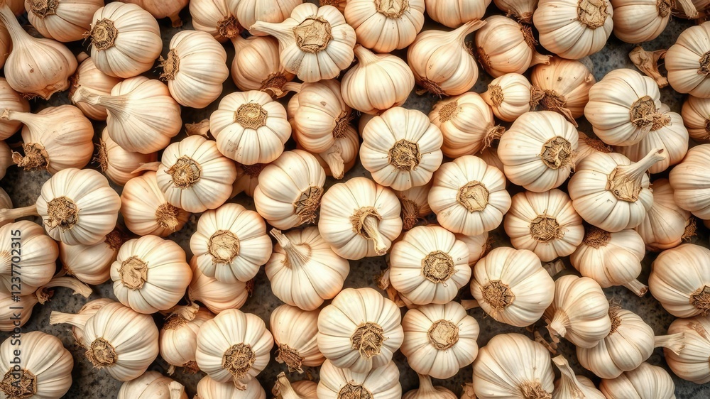 Overhead view of garlic bulbs scattered across the supermarket floor, supermarket, garlic, vegetable Overhead view of garlic bulbs scattered across the supermarket floor, supermarket, garlic, vegetable