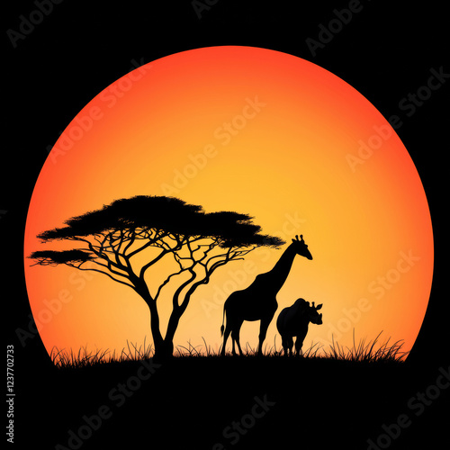 stunning silhouette of giraffe and rhino against vibrant sunset, showcasing beauty of wildlife in serene landscape