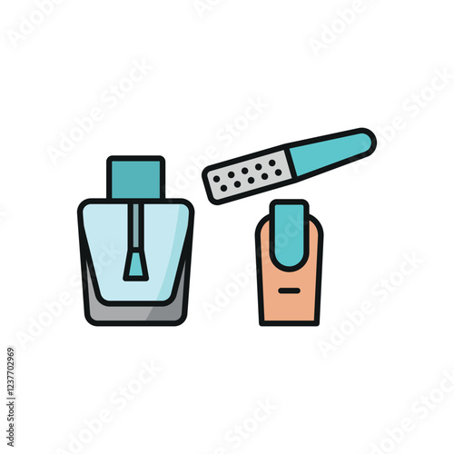 Nail polish bottle and nail file set beauty salon icon in flat style, featuring a sleek nail polish bottle and a smooth nail file, perfect for manicure and beauty themes.