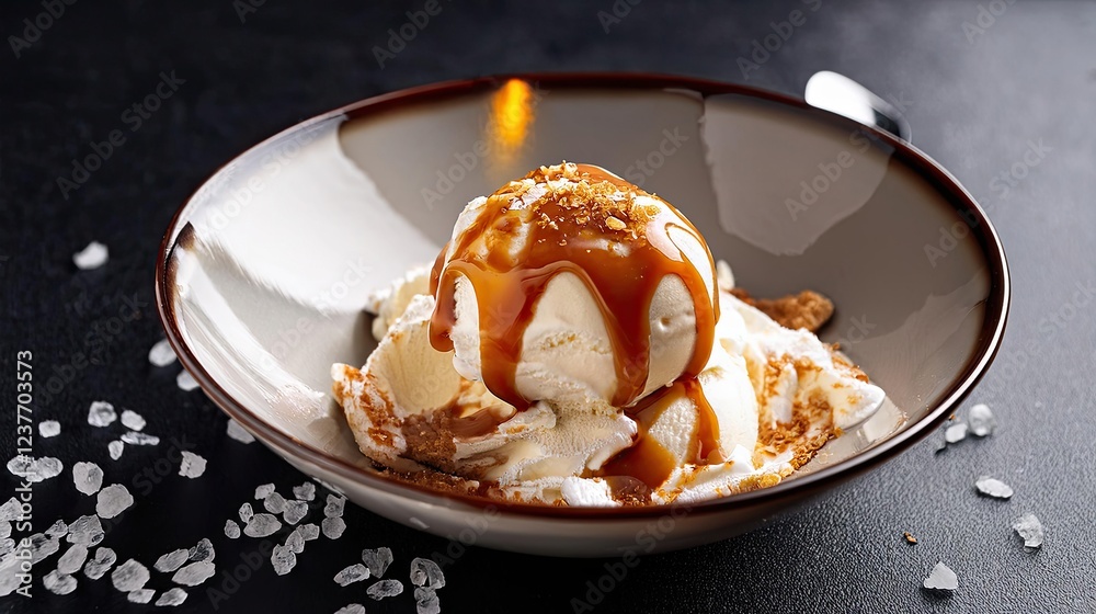 A bowl of salted caramel ice cream topped with a drizzle of caramel sauce and sprinkled with sea salt. Perfect for dessert lovers, food photography, and ice cream branding A bowl of salted caramel ice cream topped with a drizzle of caramel sauce and sprinkled with sea salt. Perfect for dessert lovers, food photography, and ice cream branding