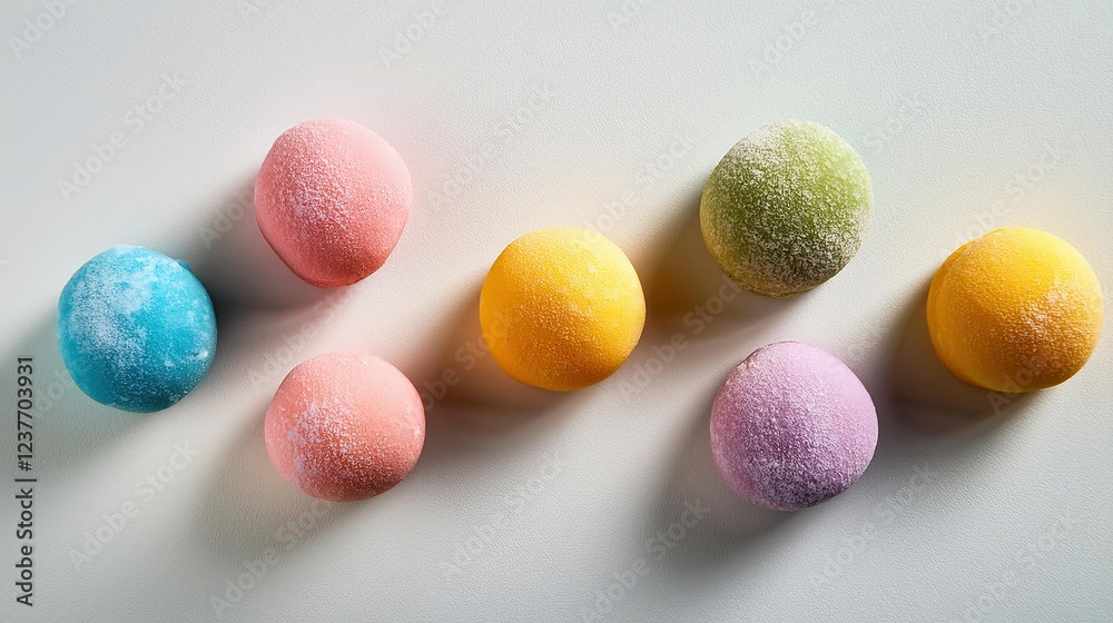 Flat lay of colorful mochi ice cream pieces arranged on a clean surface. A soft, chewy, and frozen dessert with pastel tones, perfect for food photography, dessert menus, Asian-inspired sweet treats Flat lay of colorful mochi ice cream pieces arranged on a clean surface. A soft, chewy, and frozen dessert with pastel tones, perfect for food photography, dessert menus, Asian-inspired sweet treats