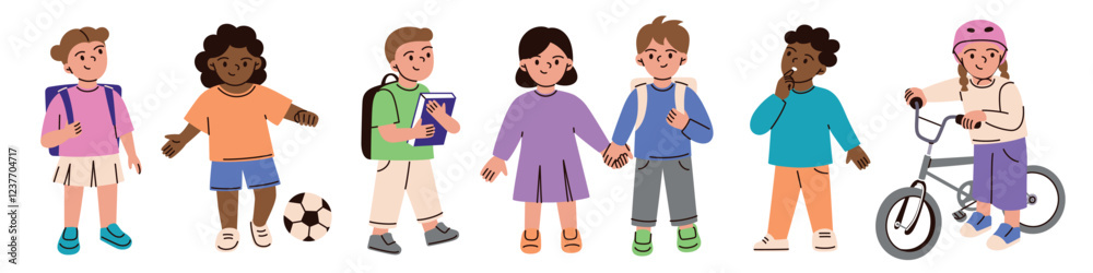 Set of diverse children in casual outfits, playing, talking, and holding hands. Flat cartoon characters, students vector illustrations with backpacks and books, kids with bicycle, and soccer ball Set of diverse children in casual outfits, playing, talking, and holding hands. Flat cartoon characters, students vector illustrations with backpacks and books, kids with bicycle, and soccer ball