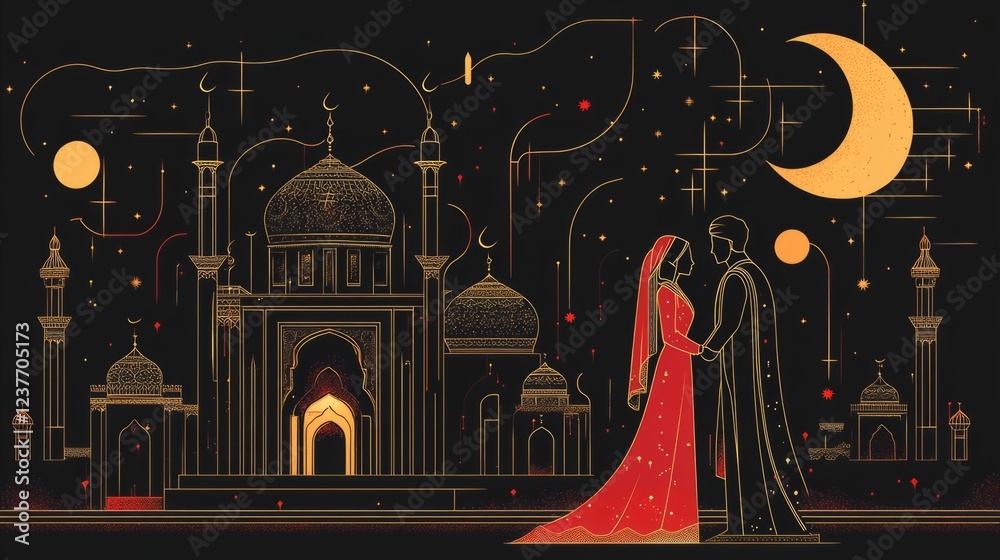 A festive Eid al-Fitr scene in linear vector style, depicting a Muslim couple in traditional clothing in front of a mosque, with religious symbols and elements of Ramadan in the background A festive Eid al-Fitr scene in linear vector style, depicting a Muslim couple in traditional clothing in front of a mosque, with religious symbols and elements of Ramadan in the background